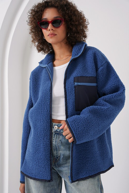 Merterium 55446 Fermuarlı Oversize Peluş Ceket - Saks