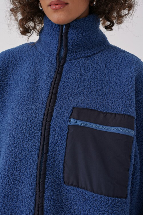 Merterium 55446 Fermuarlı Oversize Peluş Ceket - Saks