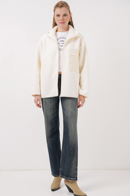 Merterium 55446 Fermuarlı Oversize Peluş Mont - Bej