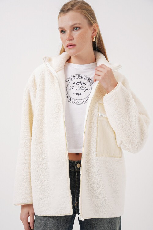 Merterium 55446 Fermuarlı Oversize Peluş Mont - Bej