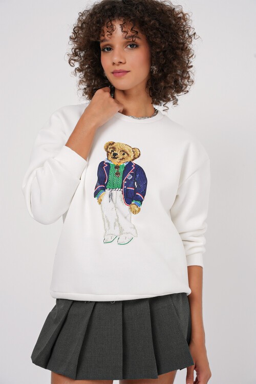 Merterium 55447 Baskılı Oversize Sweatshirt - Beyaz