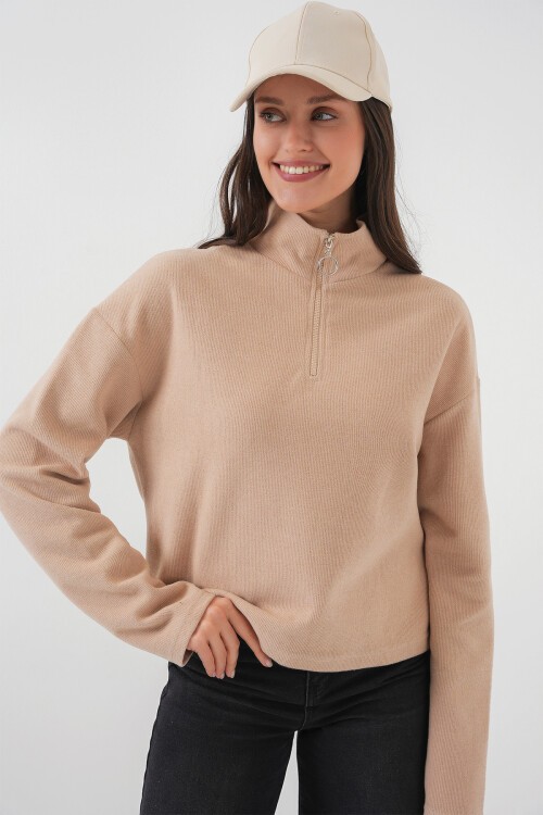Merterium 55449 Fermuarlı Yaka Örme Sweatshirt - Camel