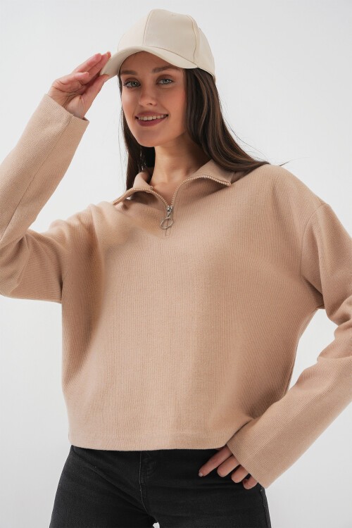 Merterium 55449 Fermuarlı Yaka Örme Sweatshirt - Camel
