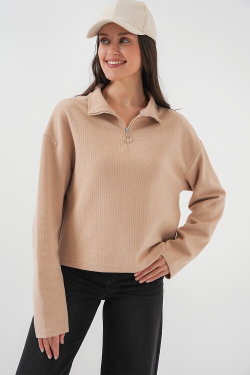 Merterium 55449 Fermuarlı Yaka Örme Sweatshirt - Camel