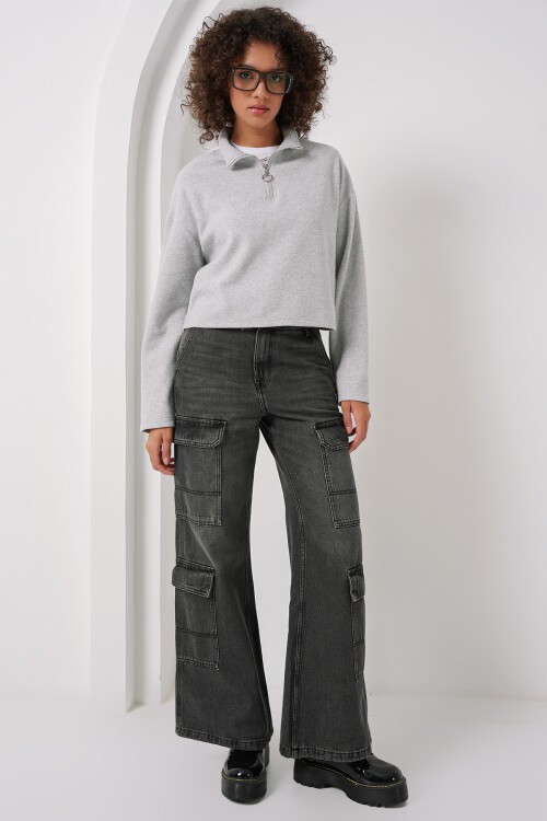 Merterium 55449 Fermuarlı Yaka Örme Sweatshirt - Gri
