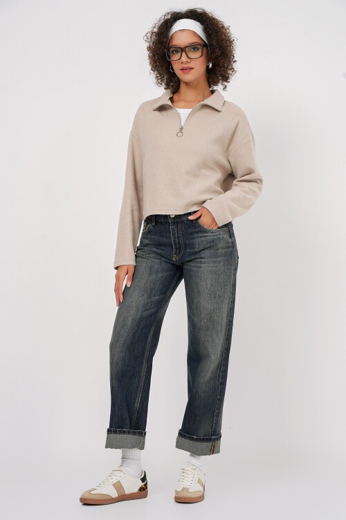 Merterium 55449 Fermuarlı Yaka Örme Sweatshirt - Krem