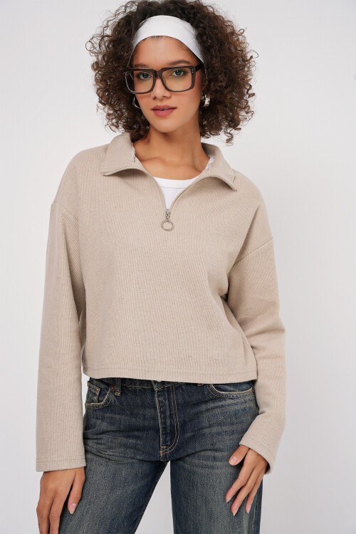 Merterium 55449 Fermuarlı Yaka Örme Sweatshirt - Krem