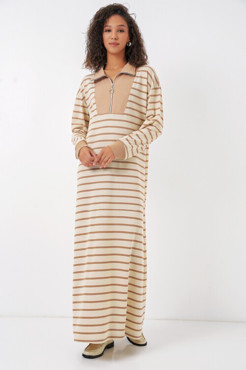Merterium 55453 Kadın Fermuar Detaylı Çizgili Uzun Elbise - Bej
