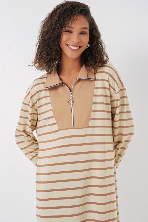 Merterium 55453 Kadın Fermuar Detaylı Çizgili Uzun Elbise - Bej