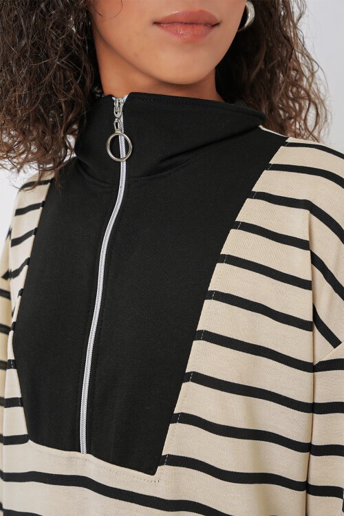 Merterium 55453 Kadın Fermuar Detaylı Çizgili Uzun Elbise - Siyah