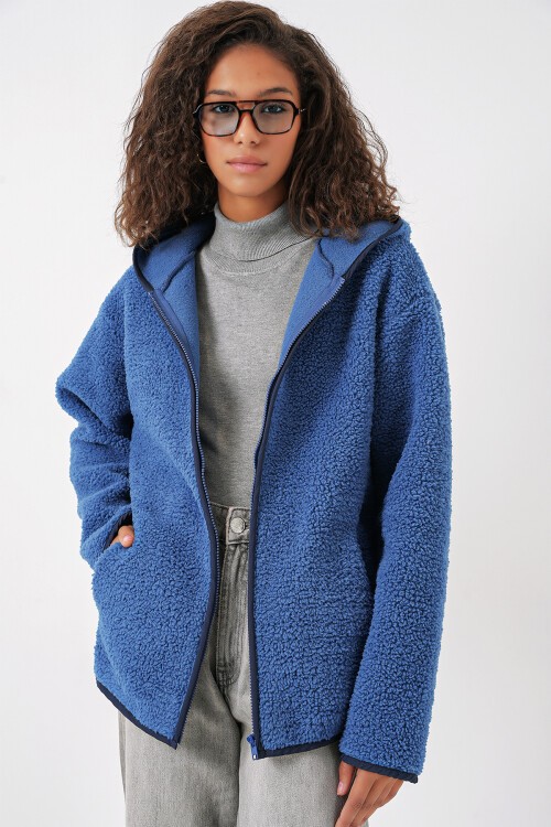 Merterium 55456 Kadın Kapüşonlu Oversize Peluş Ceket - Saks