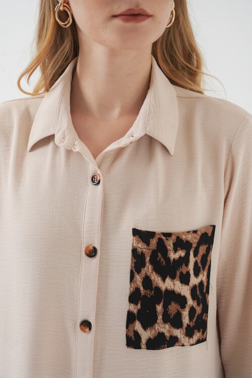 Merterium 5851 Cep Detaylı Gömlek Tunik - Bej