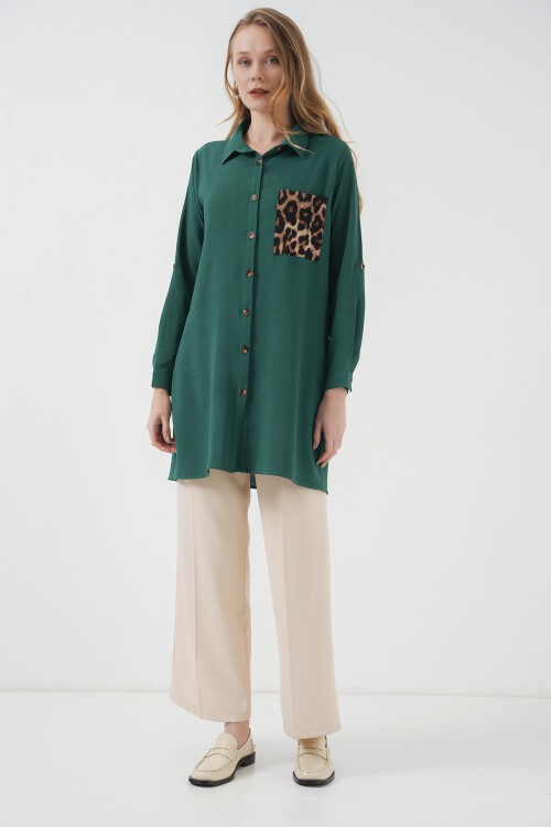 Merterium 5851 Cep Detaylı Gömlek Tunik - Zümrüt Yeşili