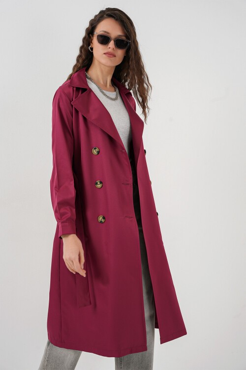 Merterium 5853 Kruvaze Yaka Trençkot - Bordo