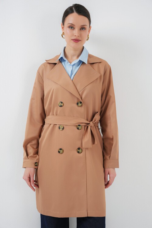 Merterium 5864 Kruvaze Yaka Kısa Trençkot - Taba