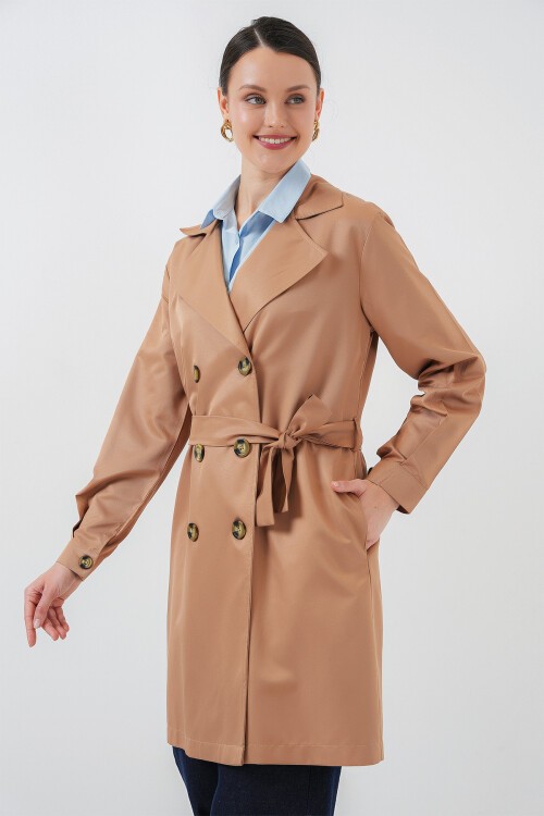 Merterium 5864 Kruvaze Yaka Kısa Trençkot - Taba