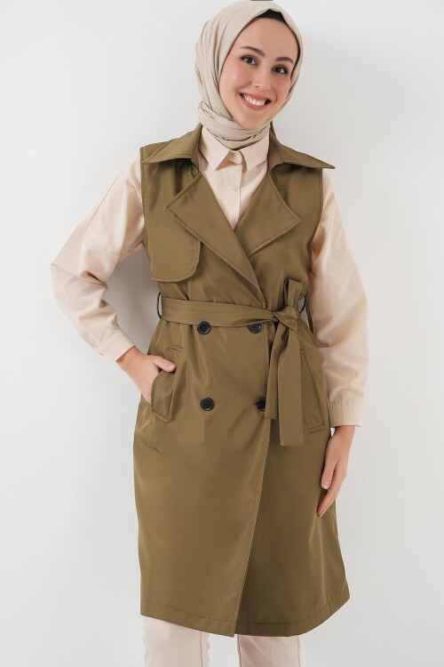 Merterium 5911 Kruvaze Yaka Trençkot Yelek - Haki