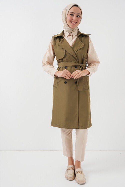 Merterium 5911 Kruvaze Yaka Trençkot Yelek - Haki