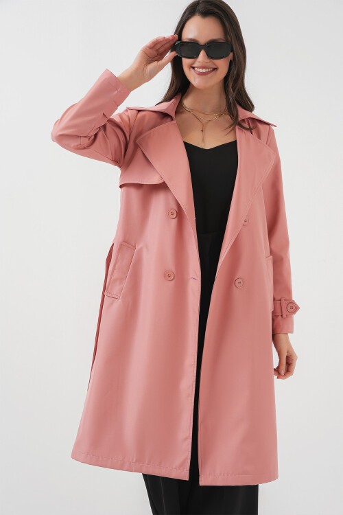 Merterium 5918 Kruvaze Yaka Trençkot - Pembe