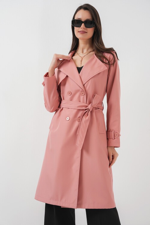 Merterium 5918 Kruvaze Yaka Trençkot - Pembe