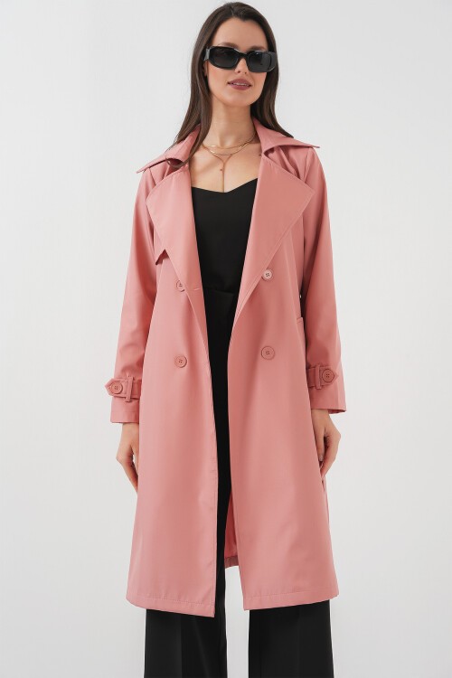 Merterium 5918 Kruvaze Yaka Trençkot - Pembe