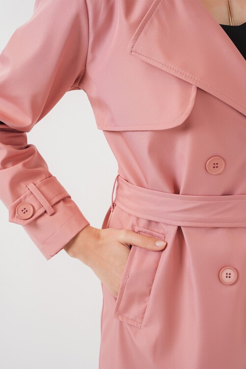 Merterium 5918 Kruvaze Yaka Trençkot - Pembe