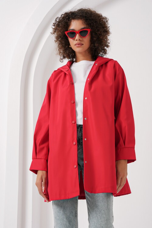 Merterium 5934 Kapüşonlu Trençkot - Kırmızı