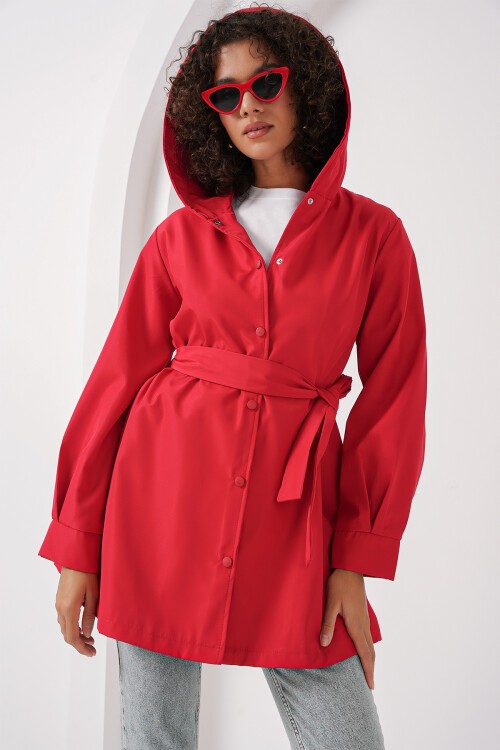 Merterium 5934 Kapüşonlu Trençkot - Kırmızı