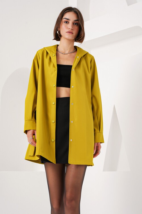 Merterium 5934 Kapüşonlu Trençkot - Yağ Yeşil