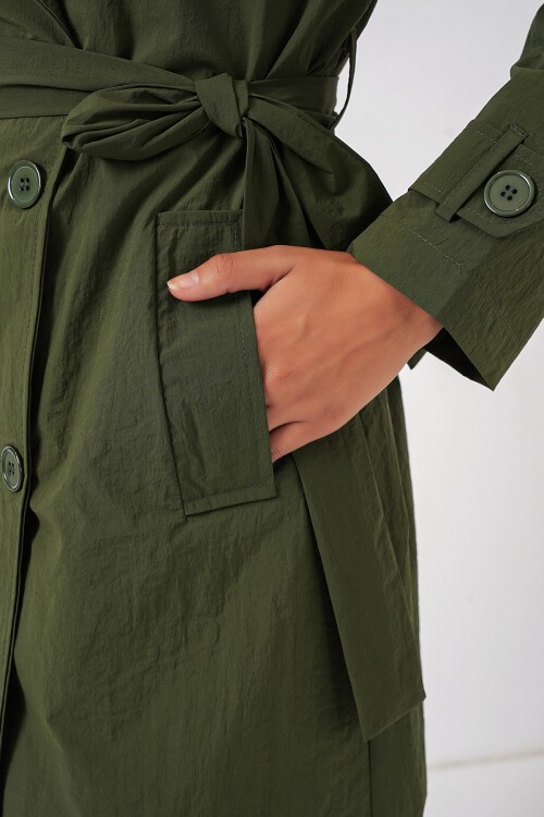 Merterium 5938 Kruvaze Yaka Trençkot - Haki