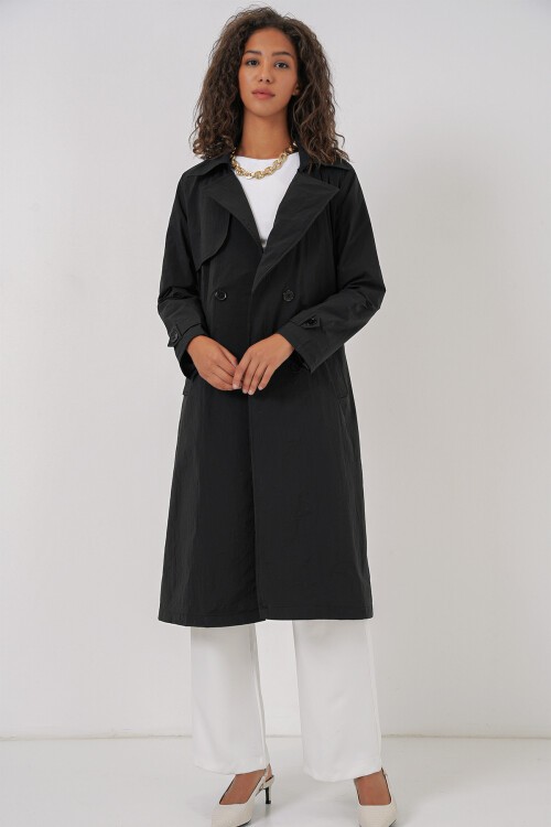 Merterium 5938 Kruvaze Yaka Trençkot - Siyah