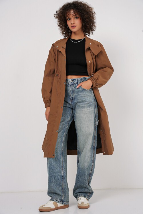 Merterium 5939 Astarlı Uzun Trençkot - Taba