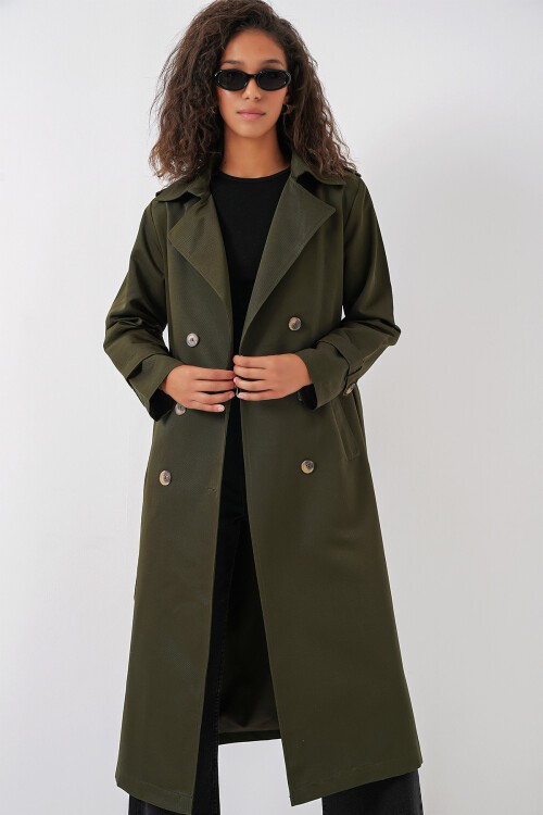 Merterium 5940 Kadın Kruvaze Yaka Uzun Trençkot - Haki