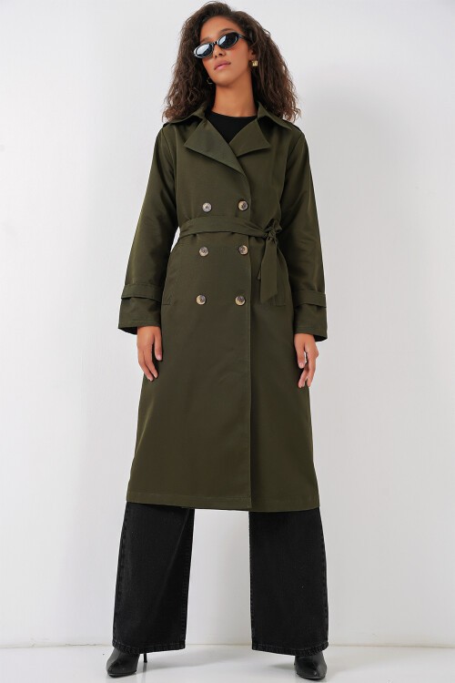 Merterium 5940 Kadın Kruvaze Yaka Uzun Trençkot - Haki