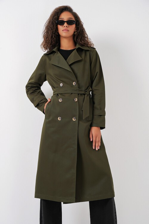 Merterium 5940 Kadın Kruvaze Yaka Uzun Trençkot - Haki