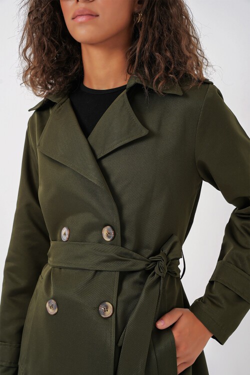 Merterium 5940 Kadın Kruvaze Yaka Uzun Trençkot - Haki