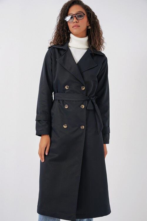 Merterium 5940 Kadın Kruvaze Yaka Uzun Trençkot - Lacivert