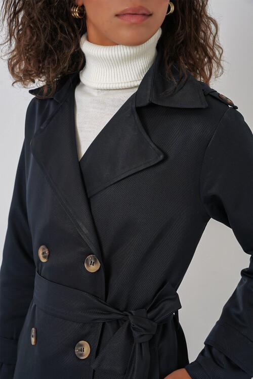 Merterium 5940 Kadın Kruvaze Yaka Uzun Trençkot - Lacivert