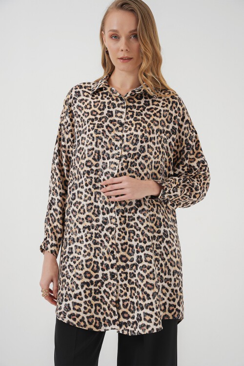 Merterium 5944 Desenli Uzun Gömlek Tunik - Bej