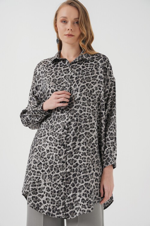 Merterium 5944 Desenli Uzun Gömlek Tunik - Siyah
