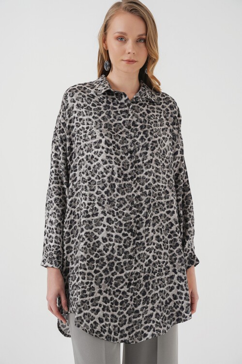 Merterium 5944 Desenli Uzun Gömlek Tunik - Siyah