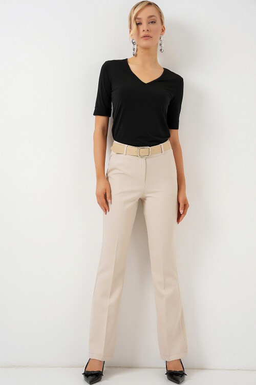 Merterium 6538 Kemerli İspanyol Paça Pantolon - Bej