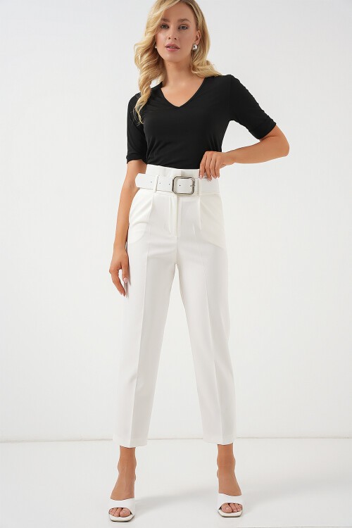 Merterium 6556 Kemerli Kumaş Pantolon - Ekru