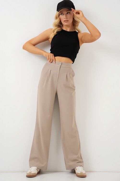 Merterium 6638 Yüksek Bel Palazzo Pantolon - A.Bej