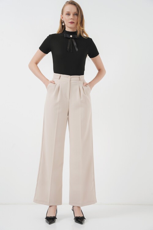 Merterium 6647 Bol Paça Kumaş Pantolon - Krem