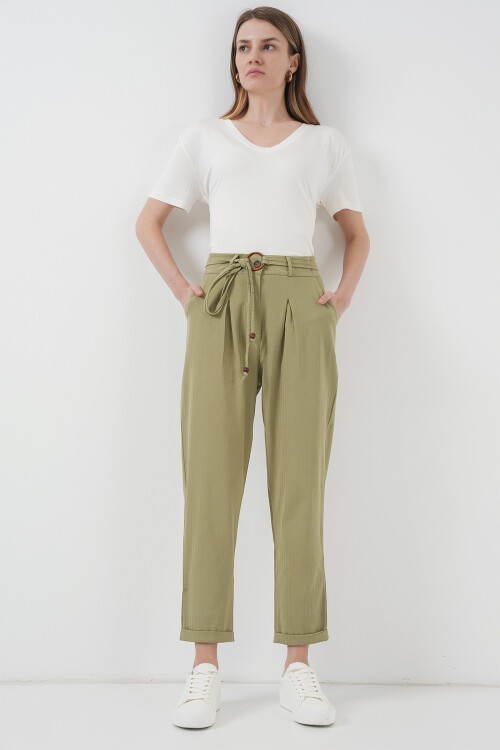 Merterium 6660 Kemerli Keten Pantolon - Haki