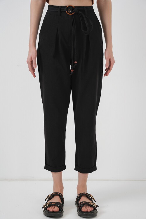 Merterium 6660 Kemerli Keten Pantolon - Siyah
