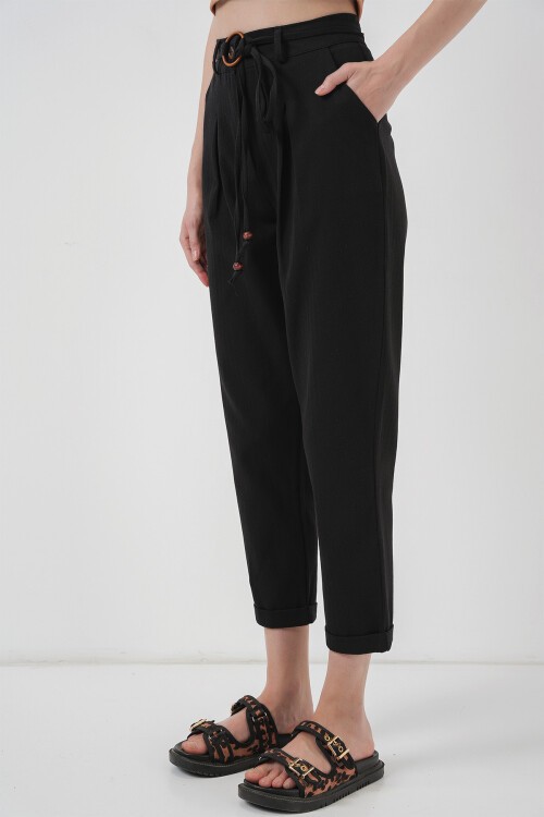 Merterium 6660 Kemerli Keten Pantolon - Siyah