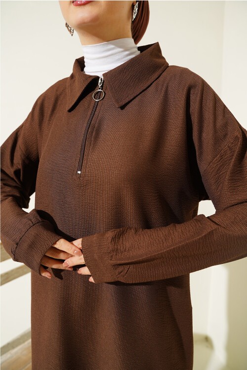 Merterium 6684 Bol Paça Pantolon Tunik İkili Takım - Kahverengi