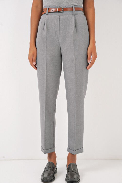 Merterium 6686 Kadın Pileli Kemerli Kumaş Pantolon - Gri